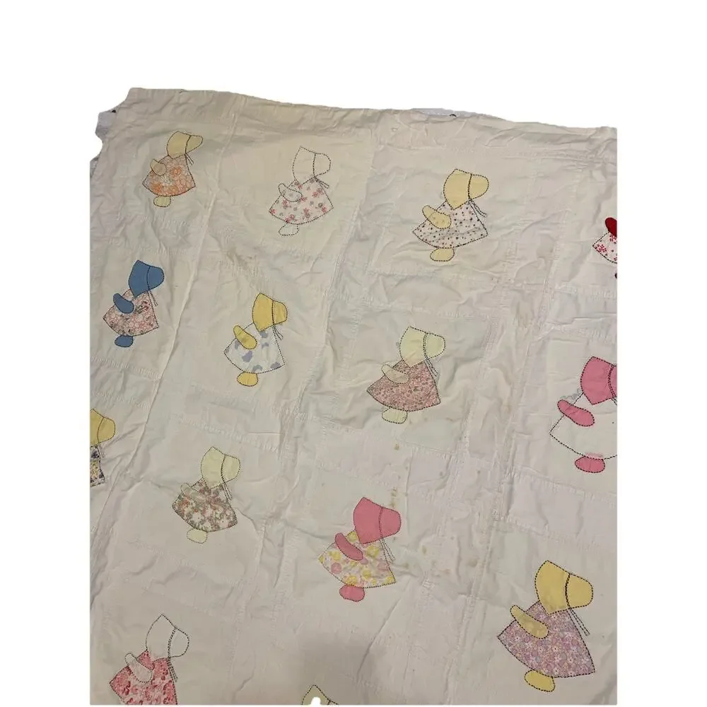 Vintage Sunbonnet Sue Quilt Cutter Primitive Hand Applique Cottage 63x79” READ